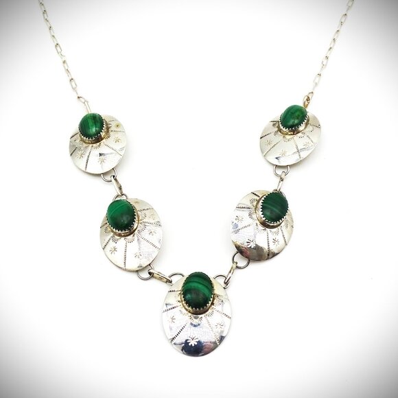 VINTAGE Etched Sterling Silver & Genuine Malachite Necklace & Earrings Set - Picture 4 of 9